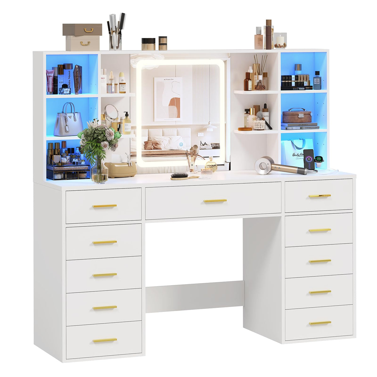 55" Extra-Wide White Makeup Vanity Desk with Lighted Mirror & 11 Drawers H4159