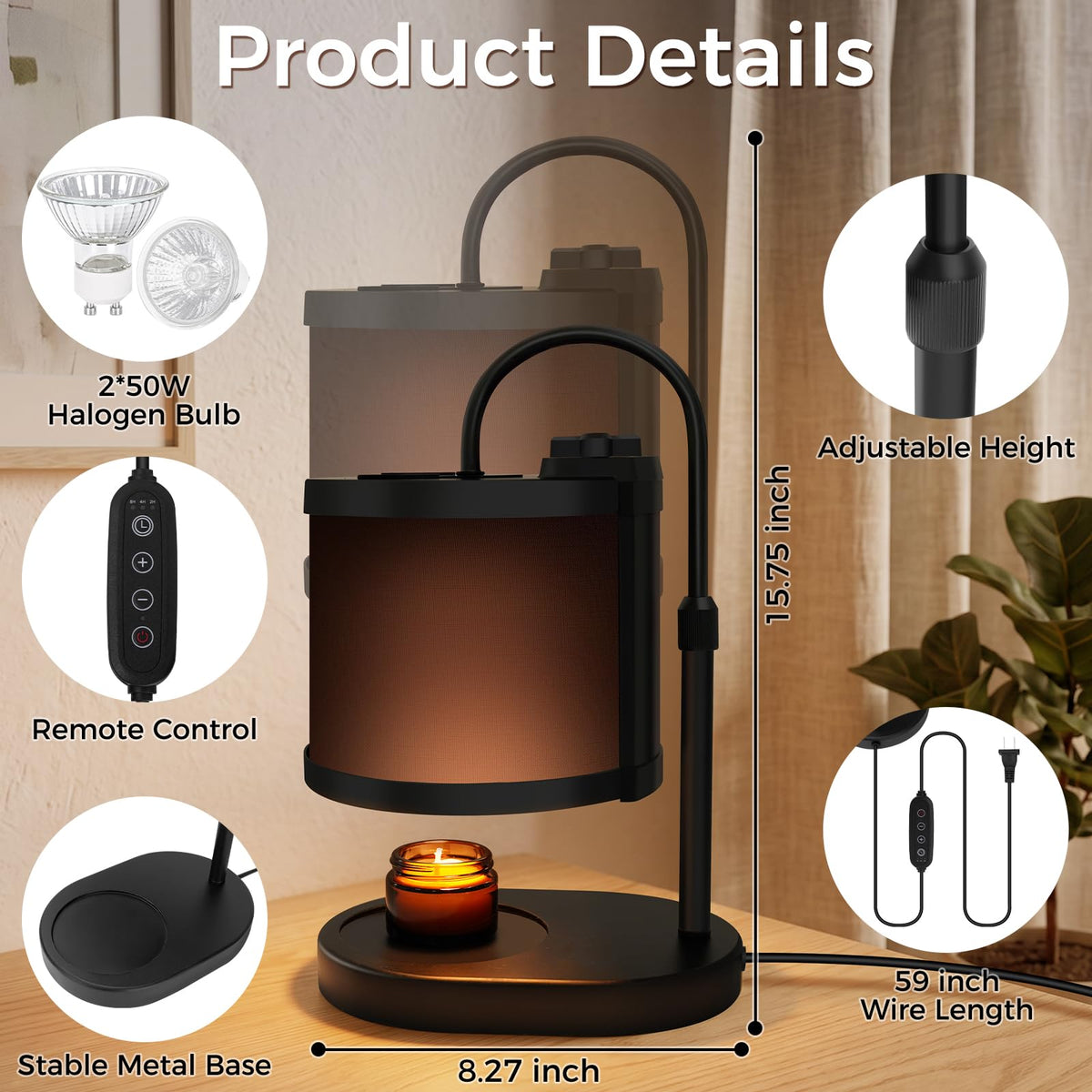 Black Candle Warmer Lamp with Timer and Dimmer U5737