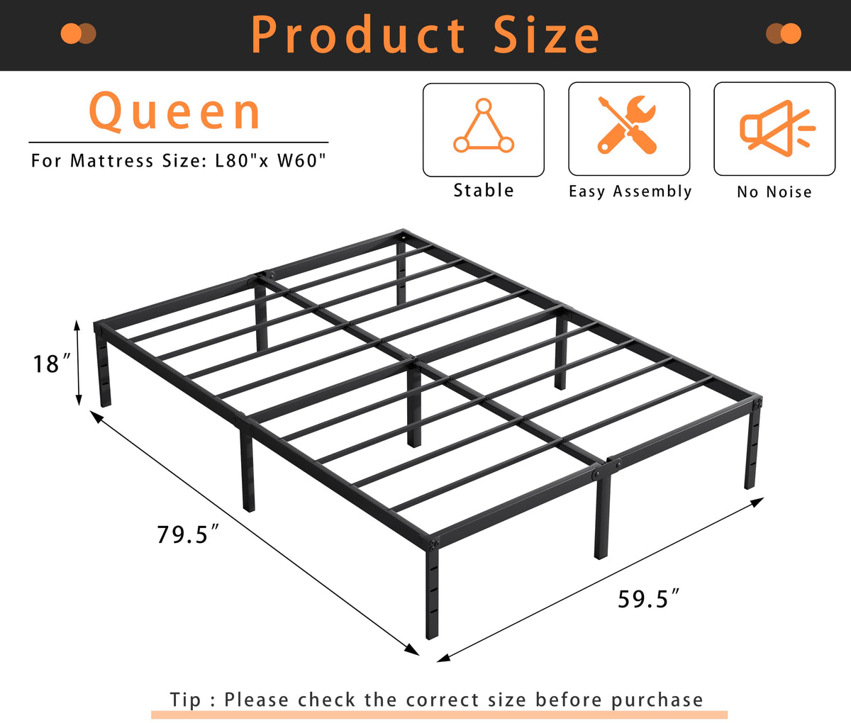 Queen Size 18 Inch Tall Black Metal Platform Bed Frame L57377