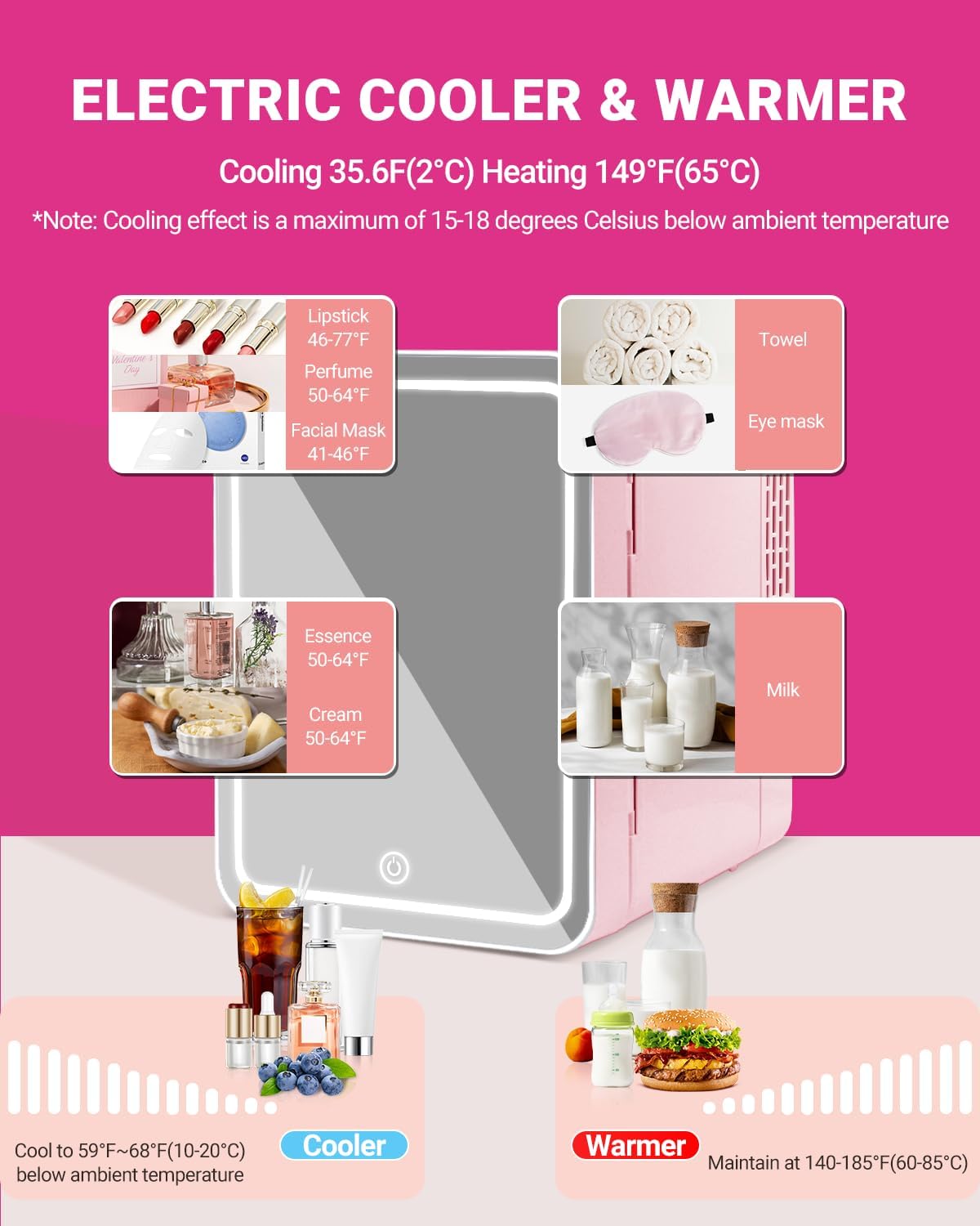 4-Liter Pink Portable Mini Fridge with Mirrored Door E691