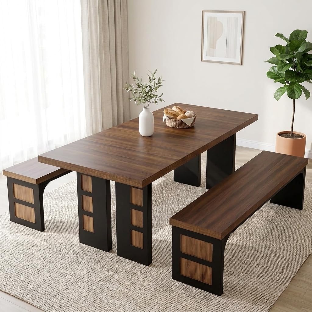 70.9" Wood Dining Table Set with 2 Benches Z248395