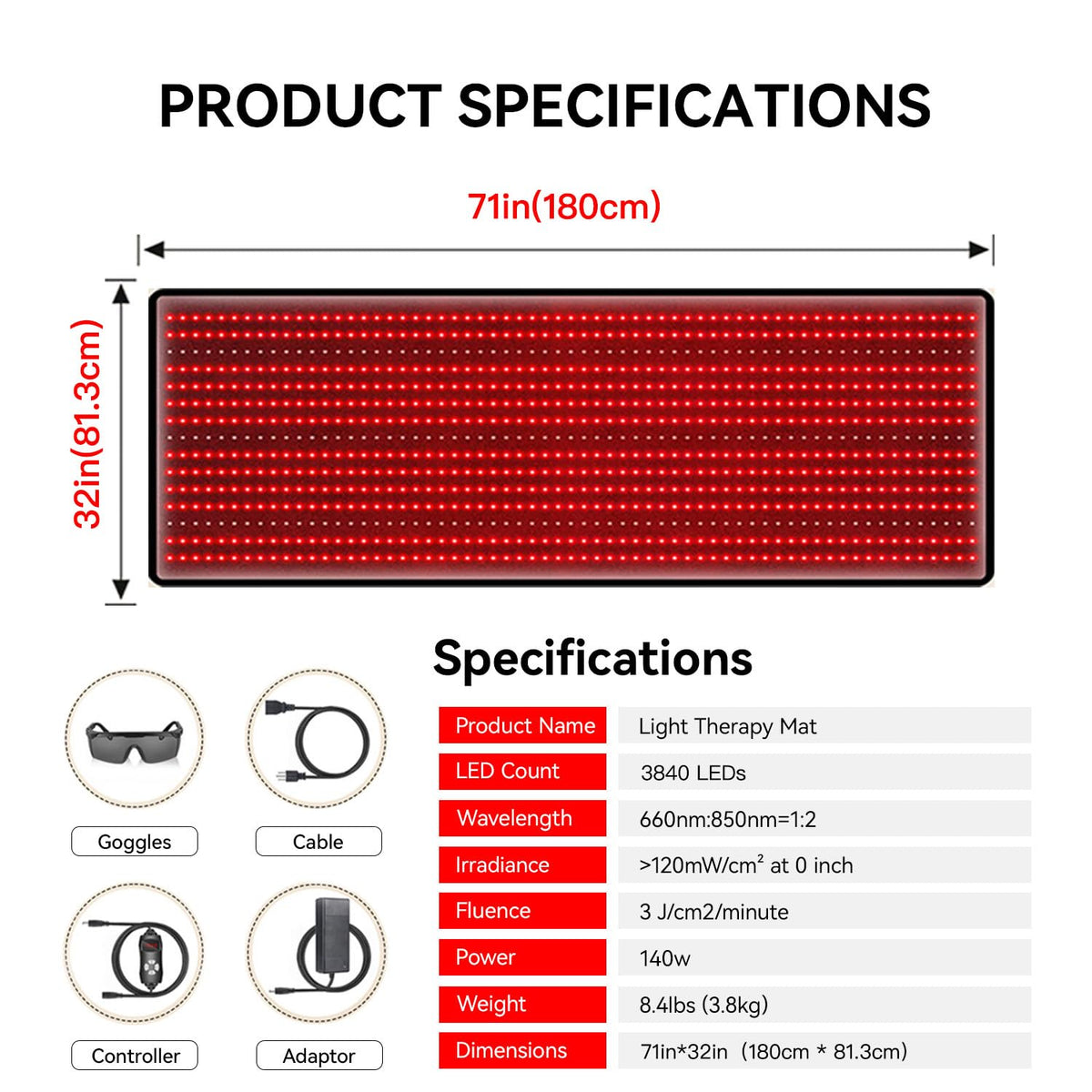 Red Light Therapy Mat 3840pcs LED 660nm 850nm 71''x 32'' T5676