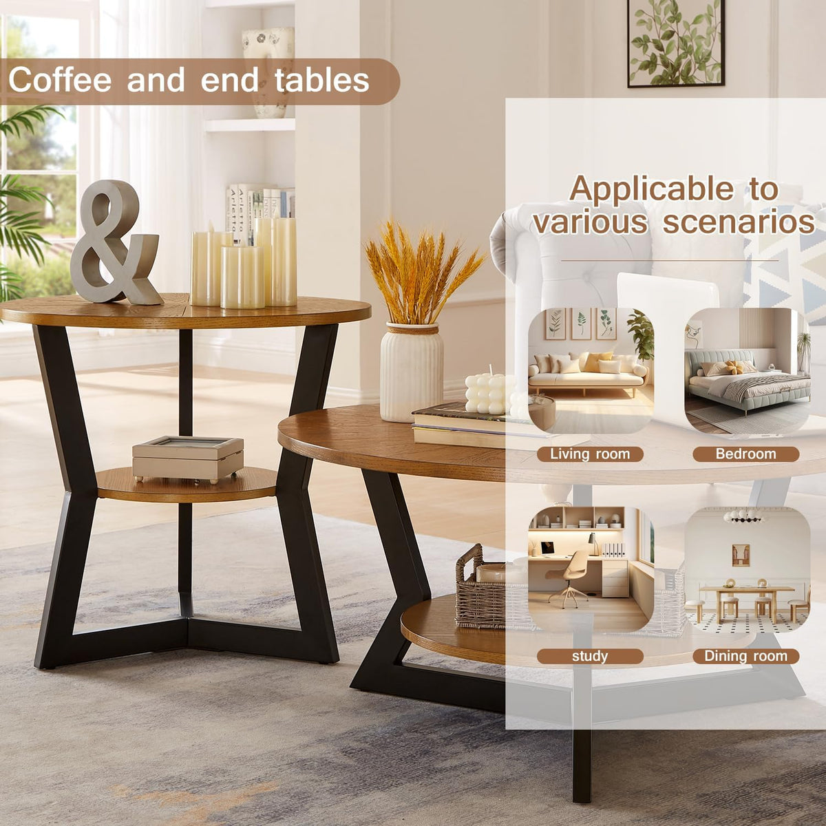 Brown 2-Tier Solid Wood Round Coffee Table L468511