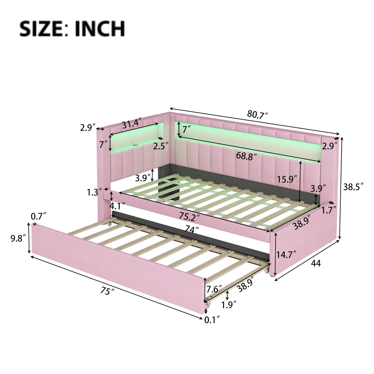 Twin Size Upholstered Platform Bed with Trundle and USB Ports, Pink N6335