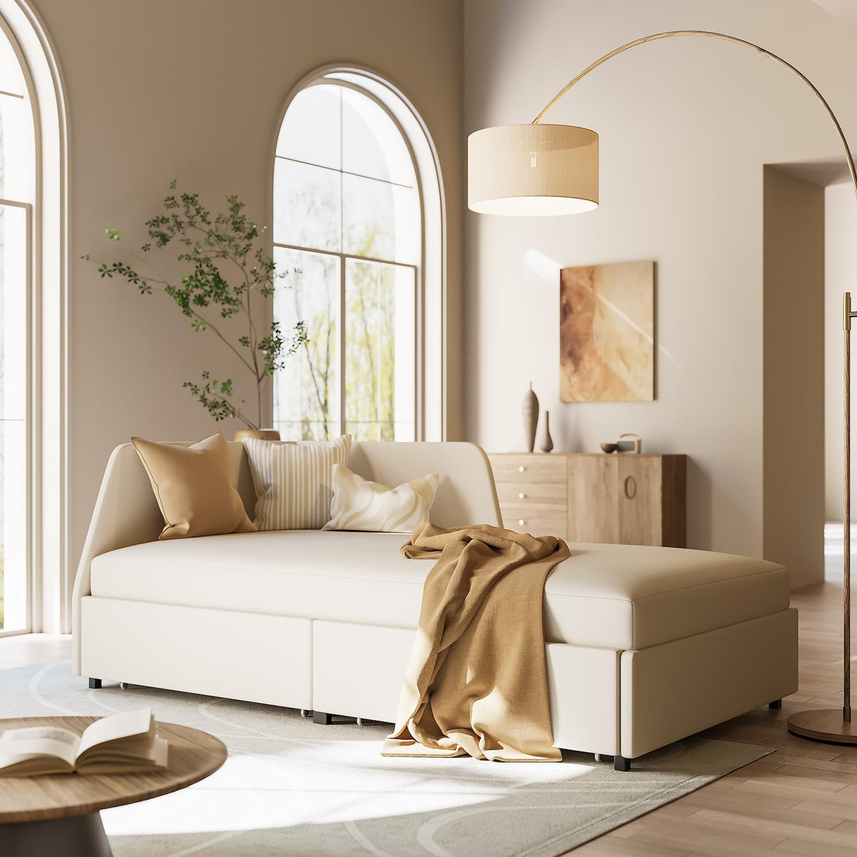 Twin Corner Daybed with 2 Drawers and Headboard, Beige V596686