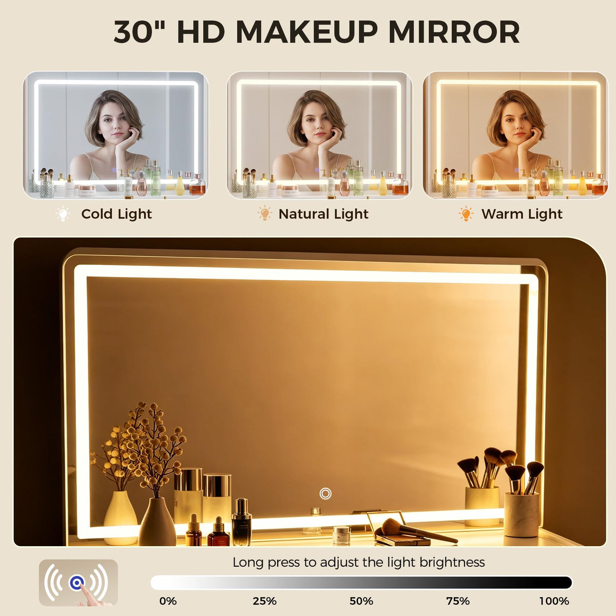 White Vanity Desk with LED Lights Mirror and 5 Drawers S31434