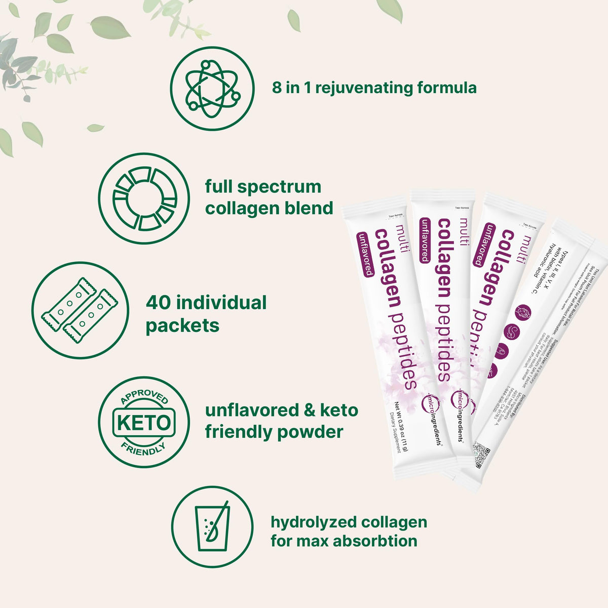 Multi Collagen Peptides Powder, 40 Stick Packs, Type I, II, III, V, X R76880
