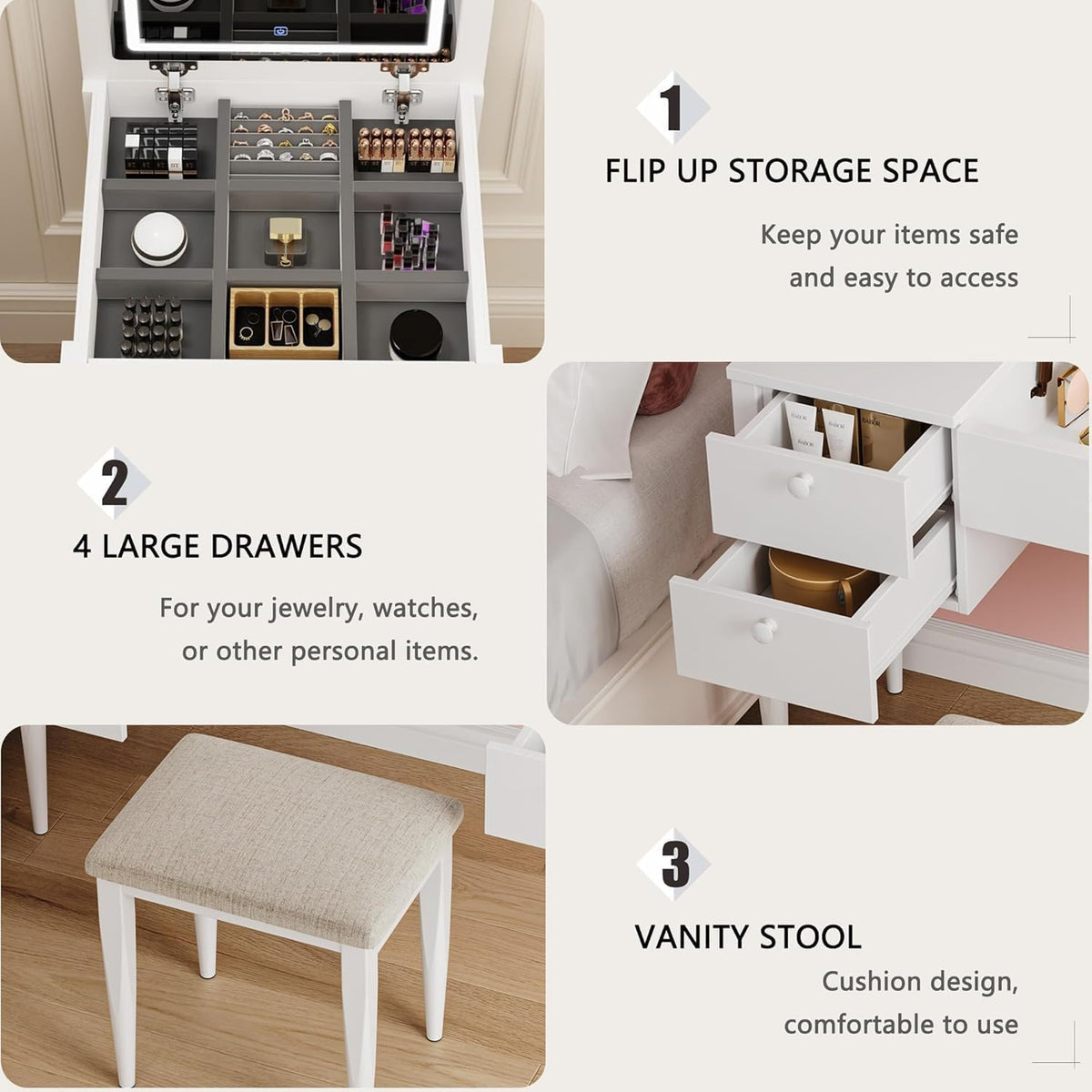 White Makeup Vanity Desk with Flip Top Mirror and Chair S328