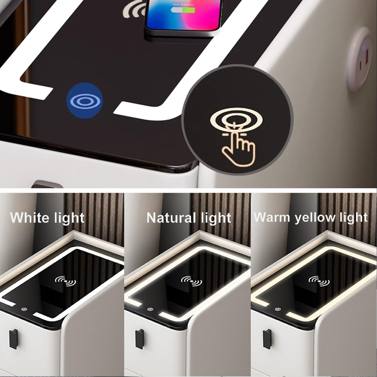 White Smart Nightstand with Fingerprint Lock, Wireless Charging, Speaker, USB Port, 3 LED Lights, 2 Storage Drawers S59364