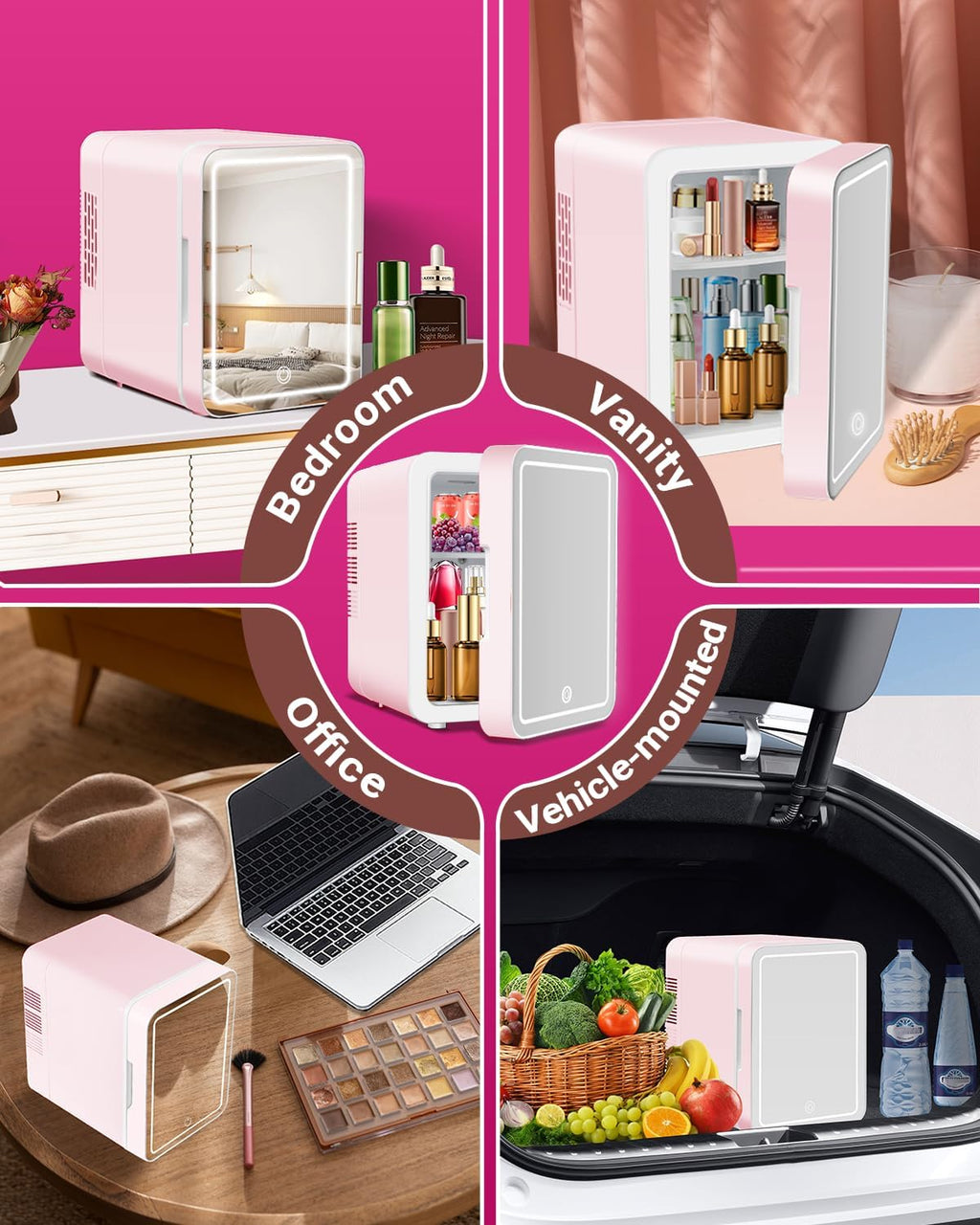 4-Liter Pink Portable Mini Fridge with Mirrored Door E691