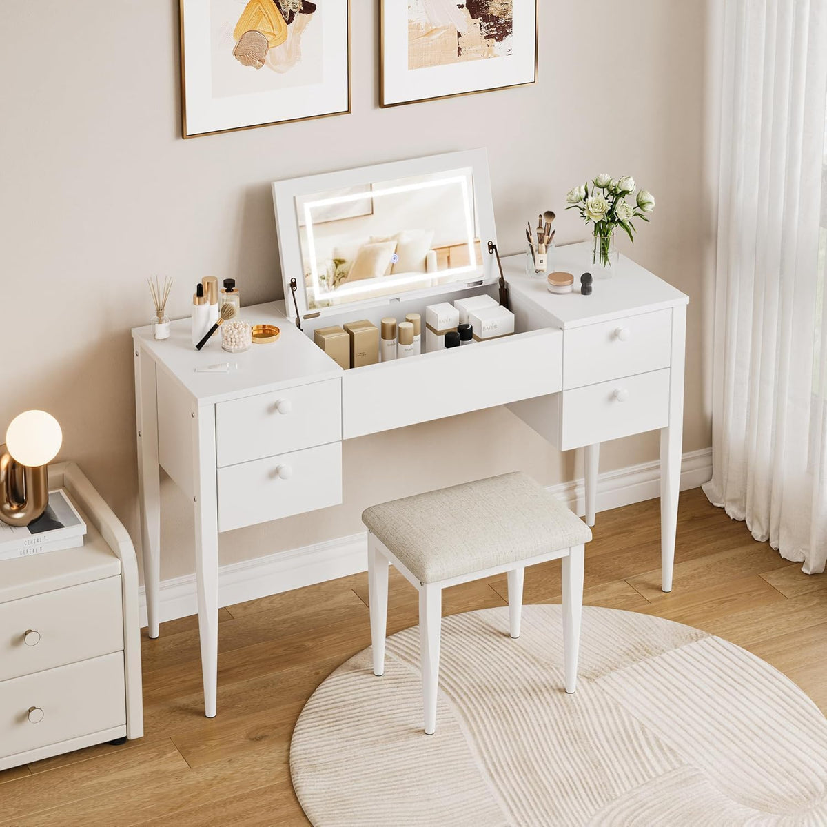 White Makeup Vanity Desk with Flip Top Mirror and Chair S328