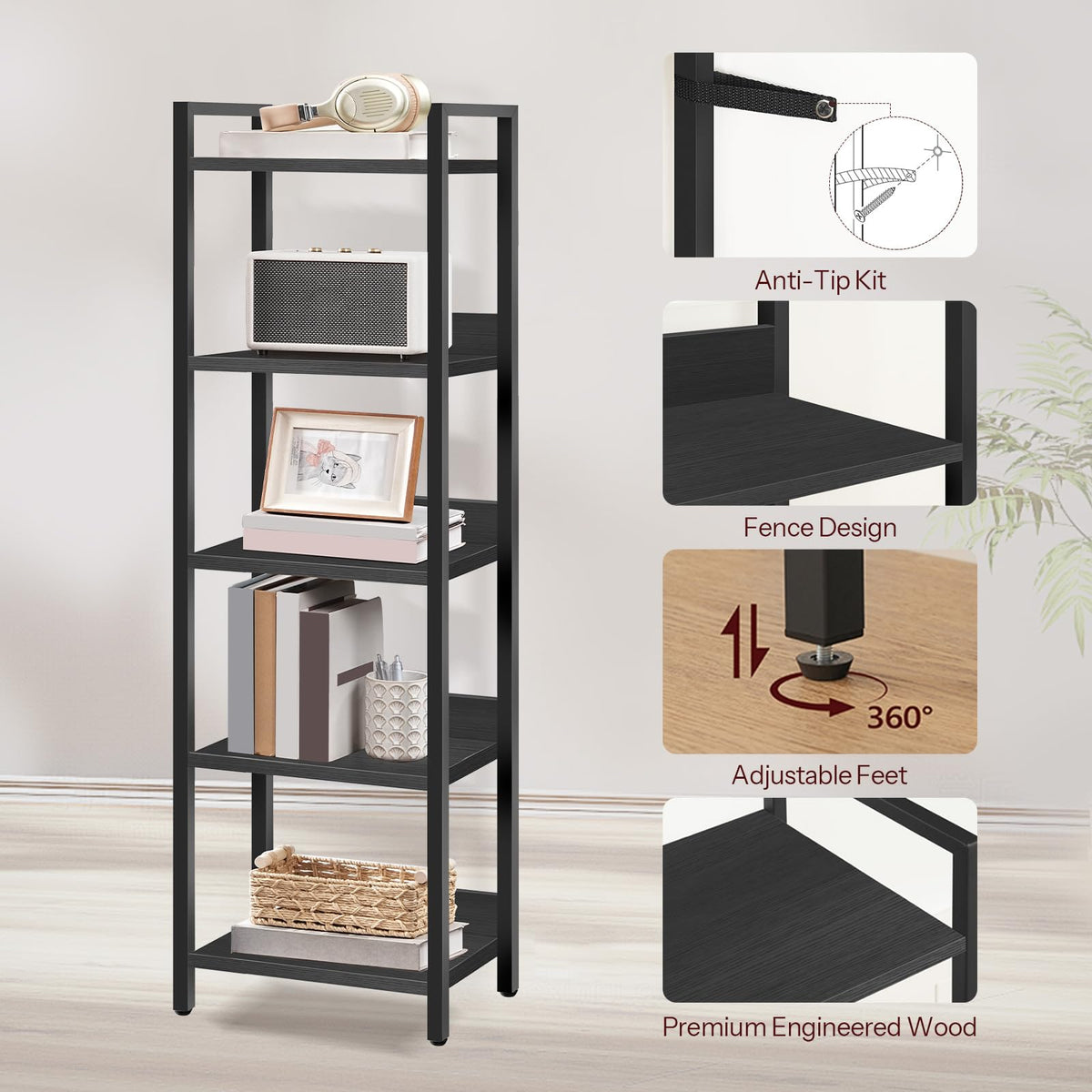 5-Tier Black Bookshelf K672318