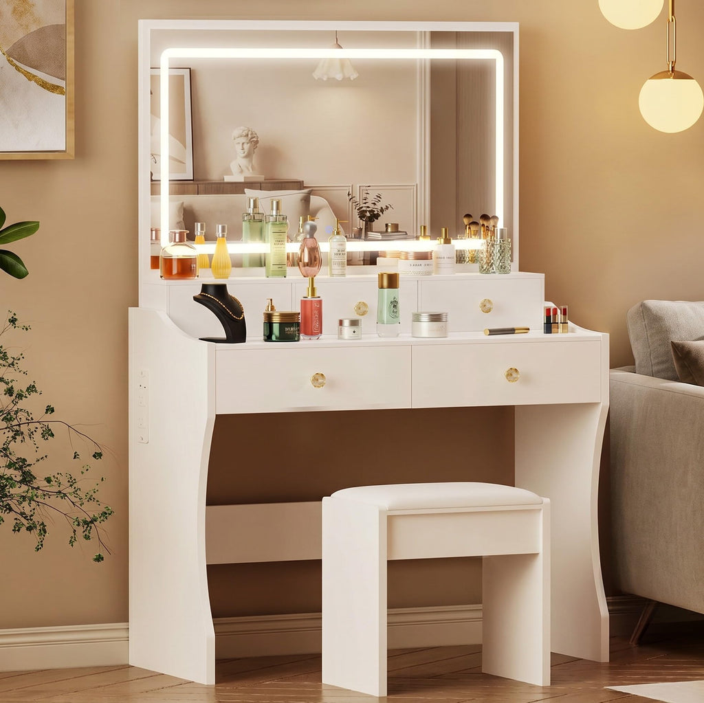White Vanity Desk with LED Lights Mirror and 5 Drawers S31434