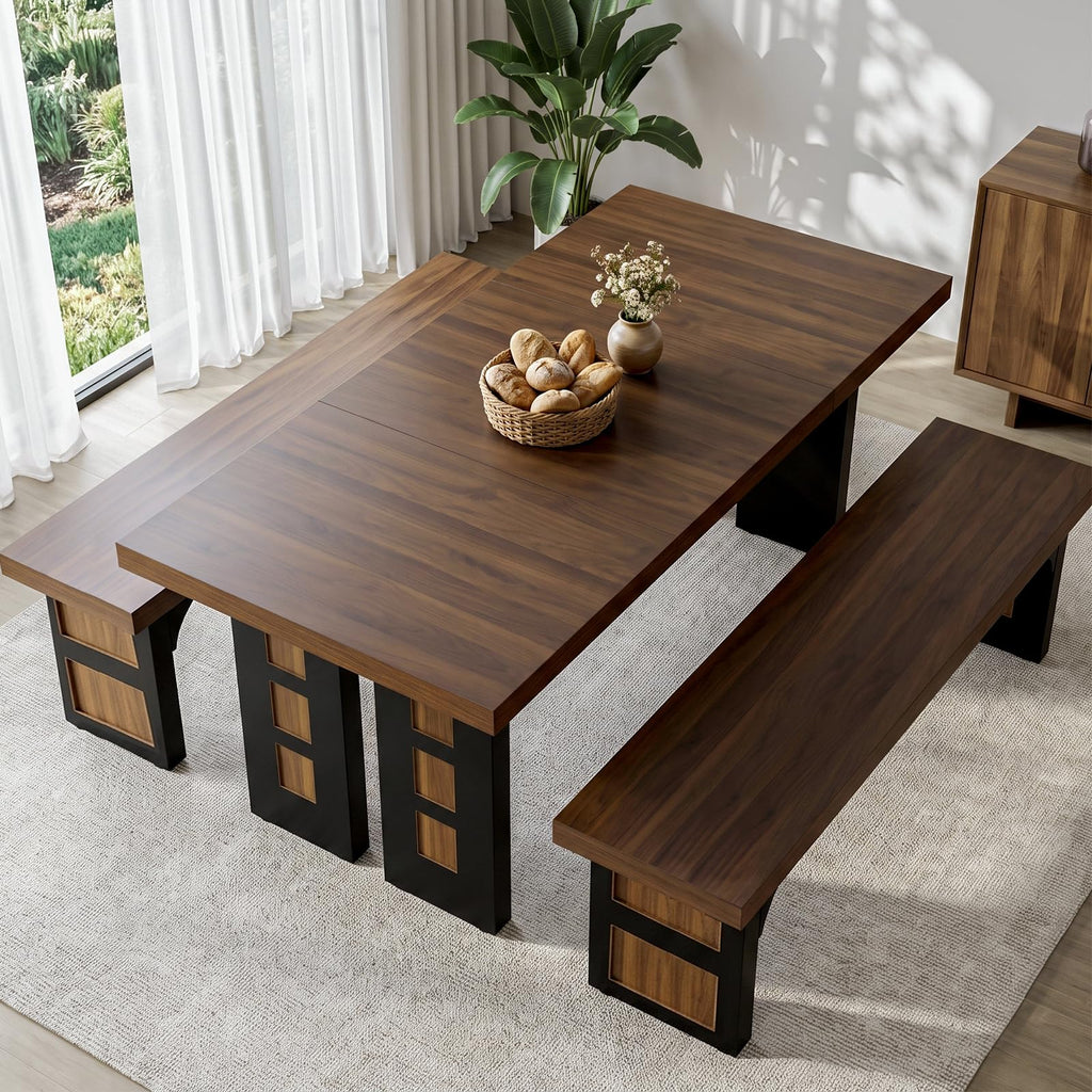 70.9" Wood Dining Table Set with 2 Benches Z248395
