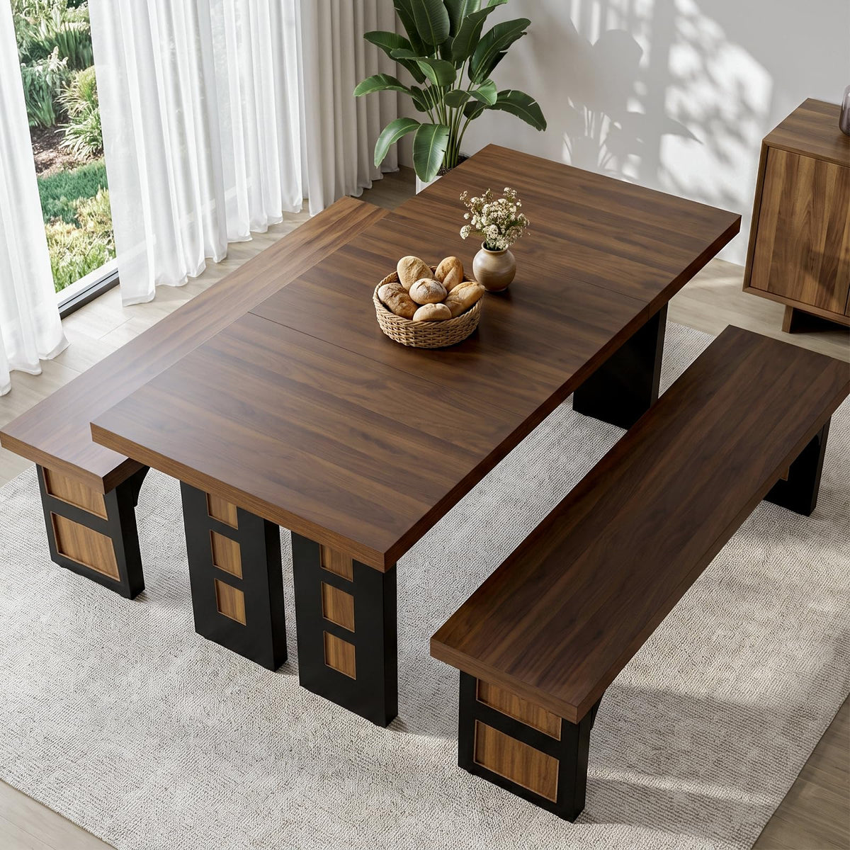 70.9" Wood Dining Table Set with 2 Benches Z248395