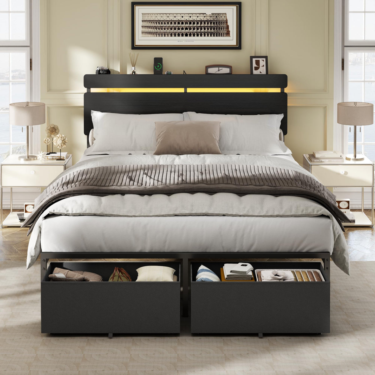 Full Size Bed Frame with Wood Headboard and Storage Drawers W38156