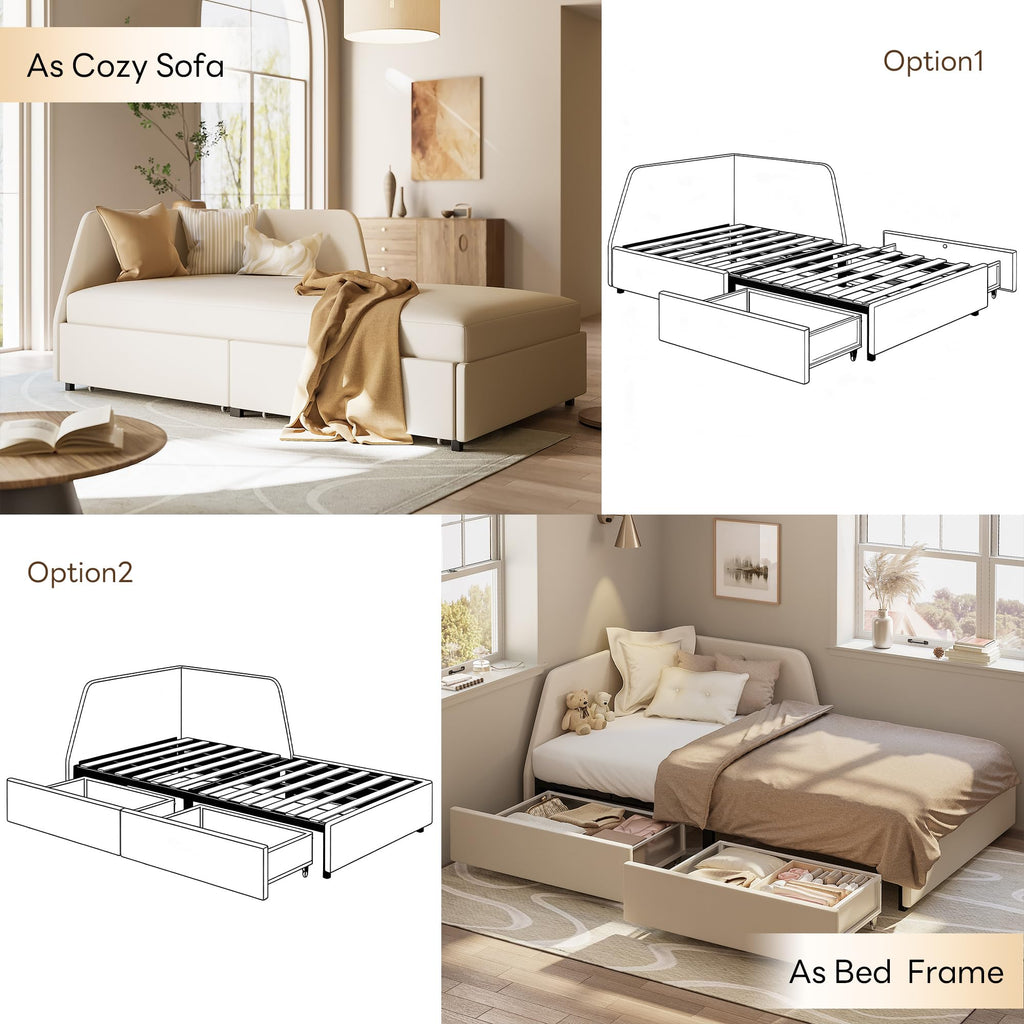 Twin Corner Daybed with 2 Drawers and Headboard, Beige V596686