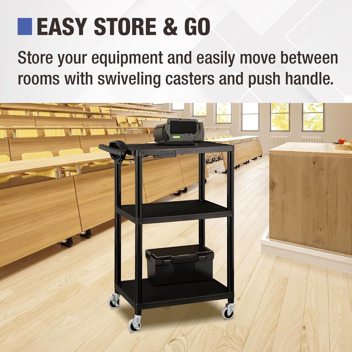 Mobile Utility AV Cart with Power Strip and Casters, Black H936902