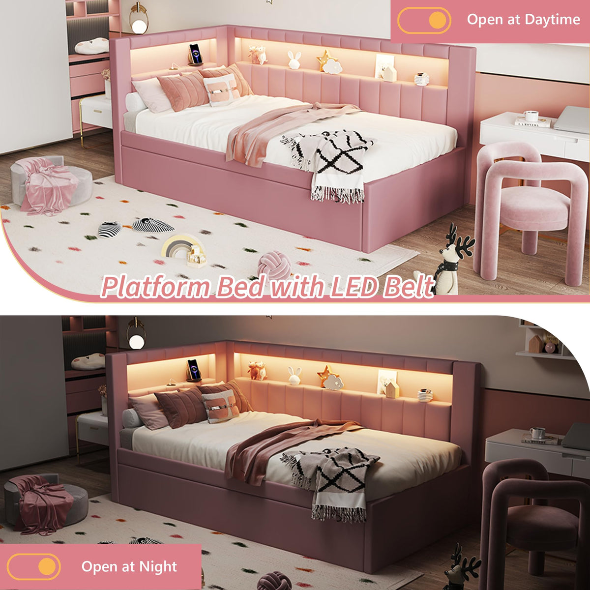 Twin Size Upholstered Platform Bed with Trundle and USB Ports, Pink N6335
