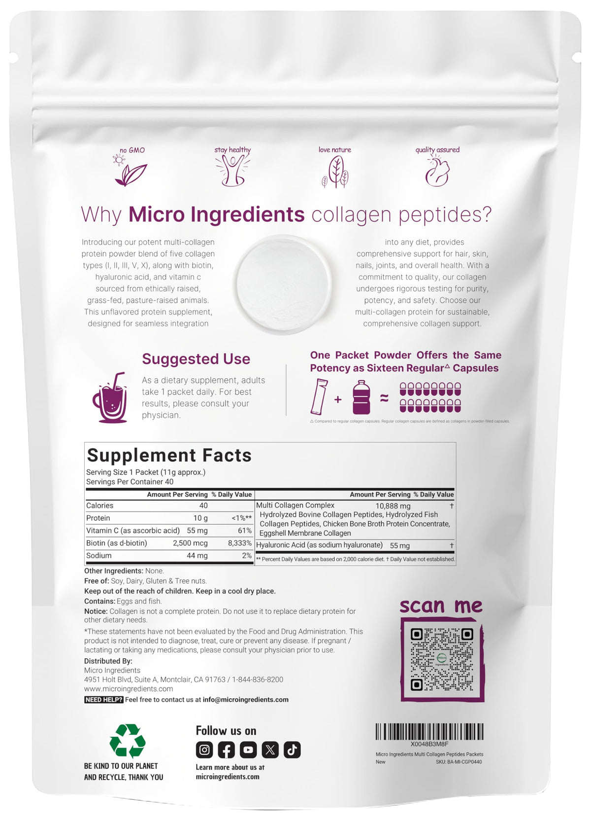 Multi Collagen Peptides Powder, 40 Stick Packs, Type I, II, III, V, X R76880