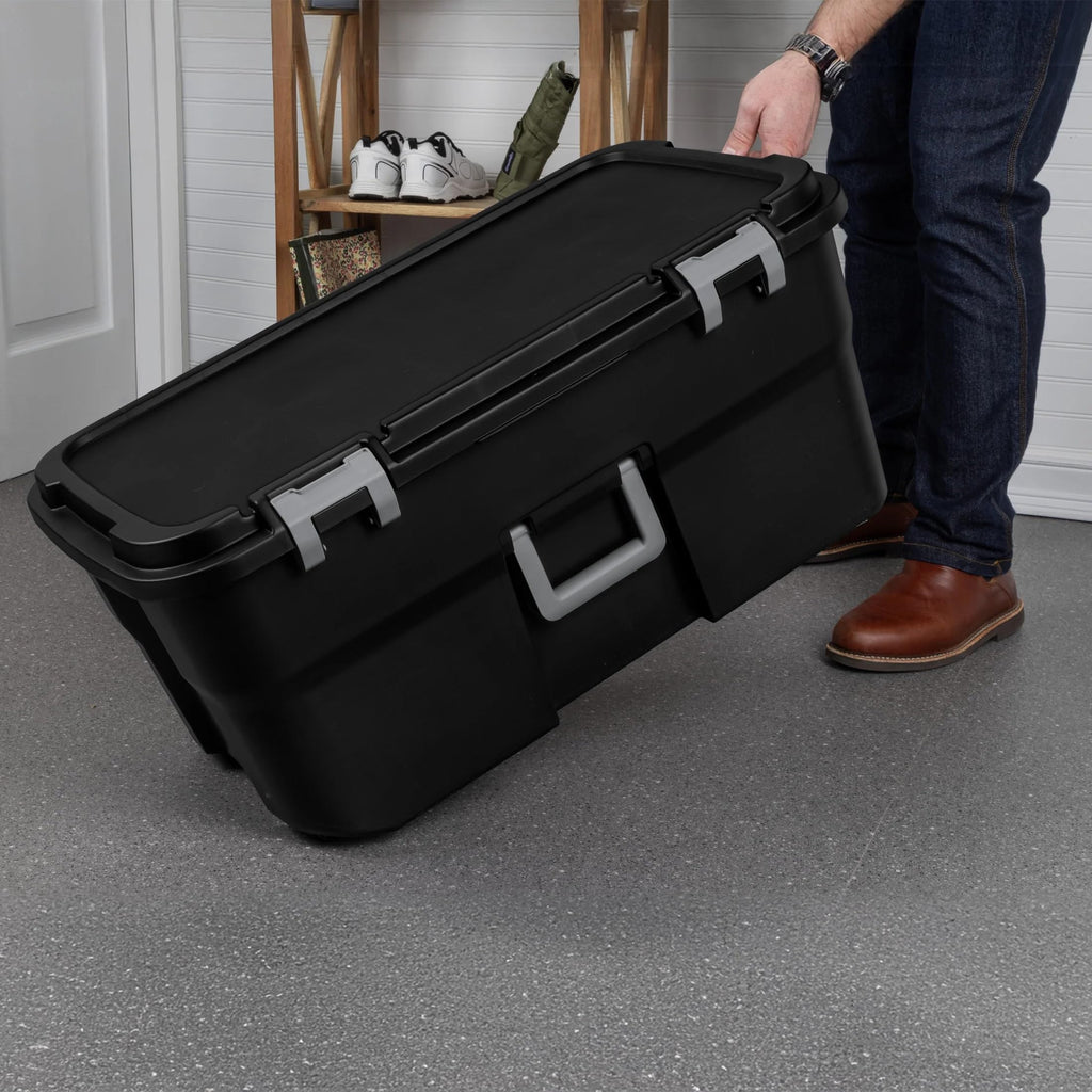 22 Gallon Black Wheeled Plastic Storage Trunk with Latching Lid K342557