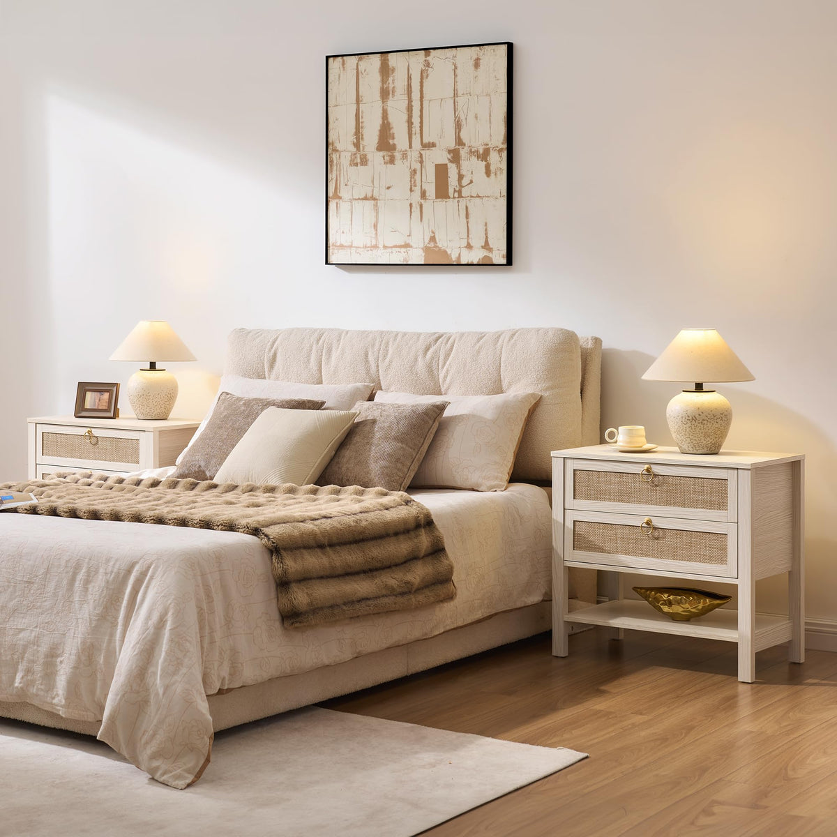 White Rattan Nightstand with 2 Drawers W12881