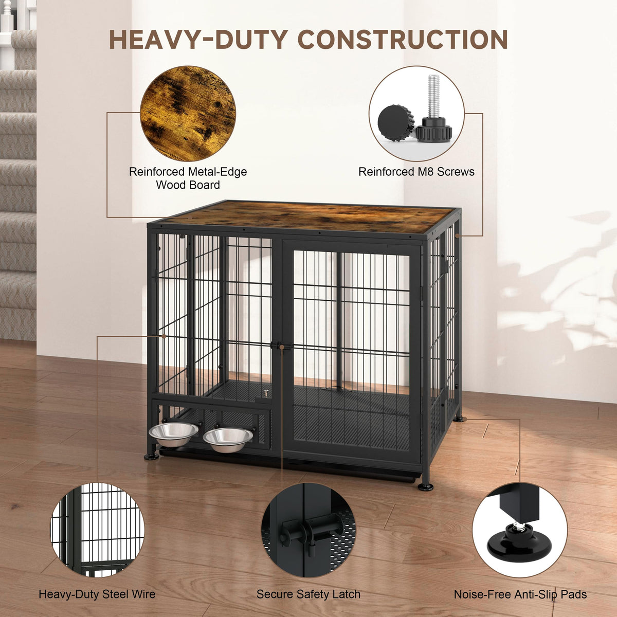 Heavy Duty Foldable Dog Crate with Wheels & Feeding Bowls E994693