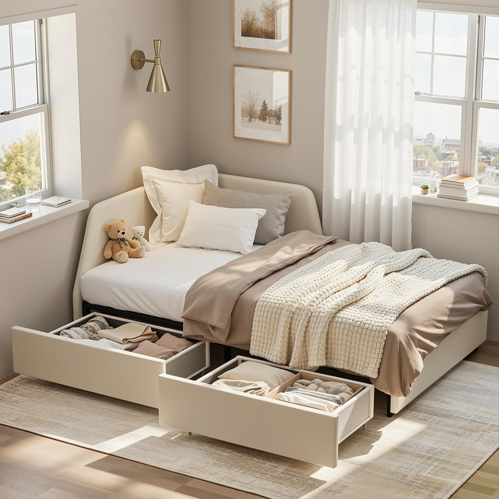Twin Corner Daybed with 2 Drawers and Headboard, Beige V596686