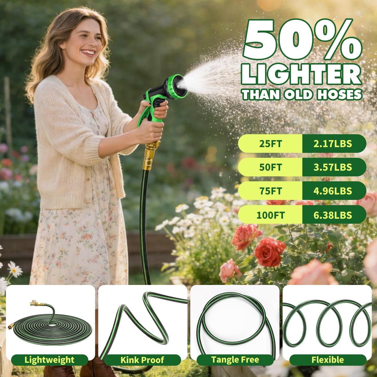 100FT Flexible No Kink Garden Hose with 10 Function Spray Nozzle C649