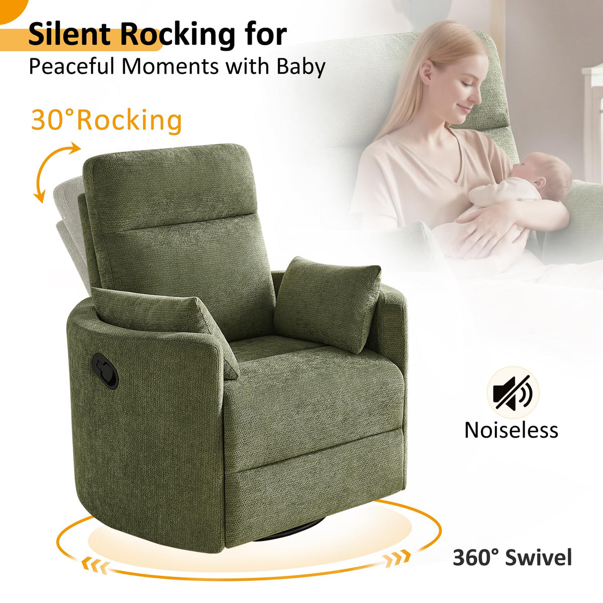 Oversized 360° Swivel Glider Recliner Chair with 2 Pillows and Footrest N132