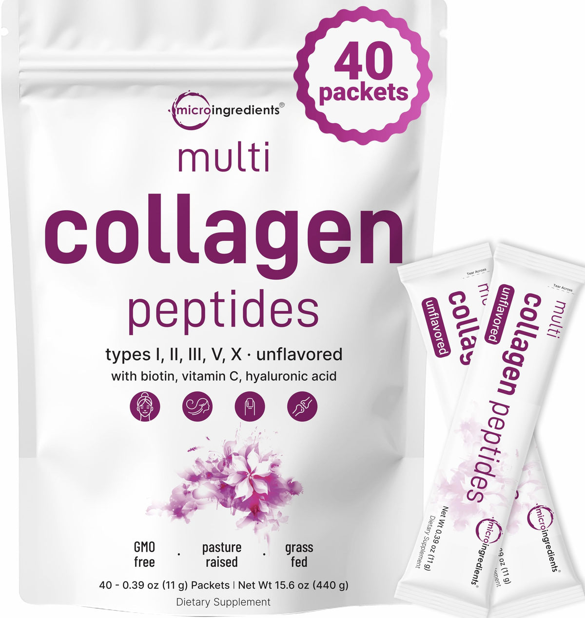 Multi Collagen Peptides Powder, 40 Stick Packs, Type I, II, III, V, X R76880