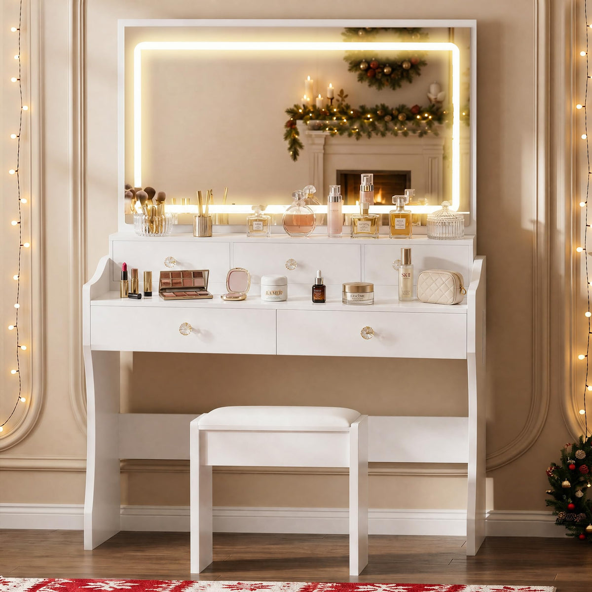 White Vanity Desk with LED Lights Mirror and 5 Drawers S31434