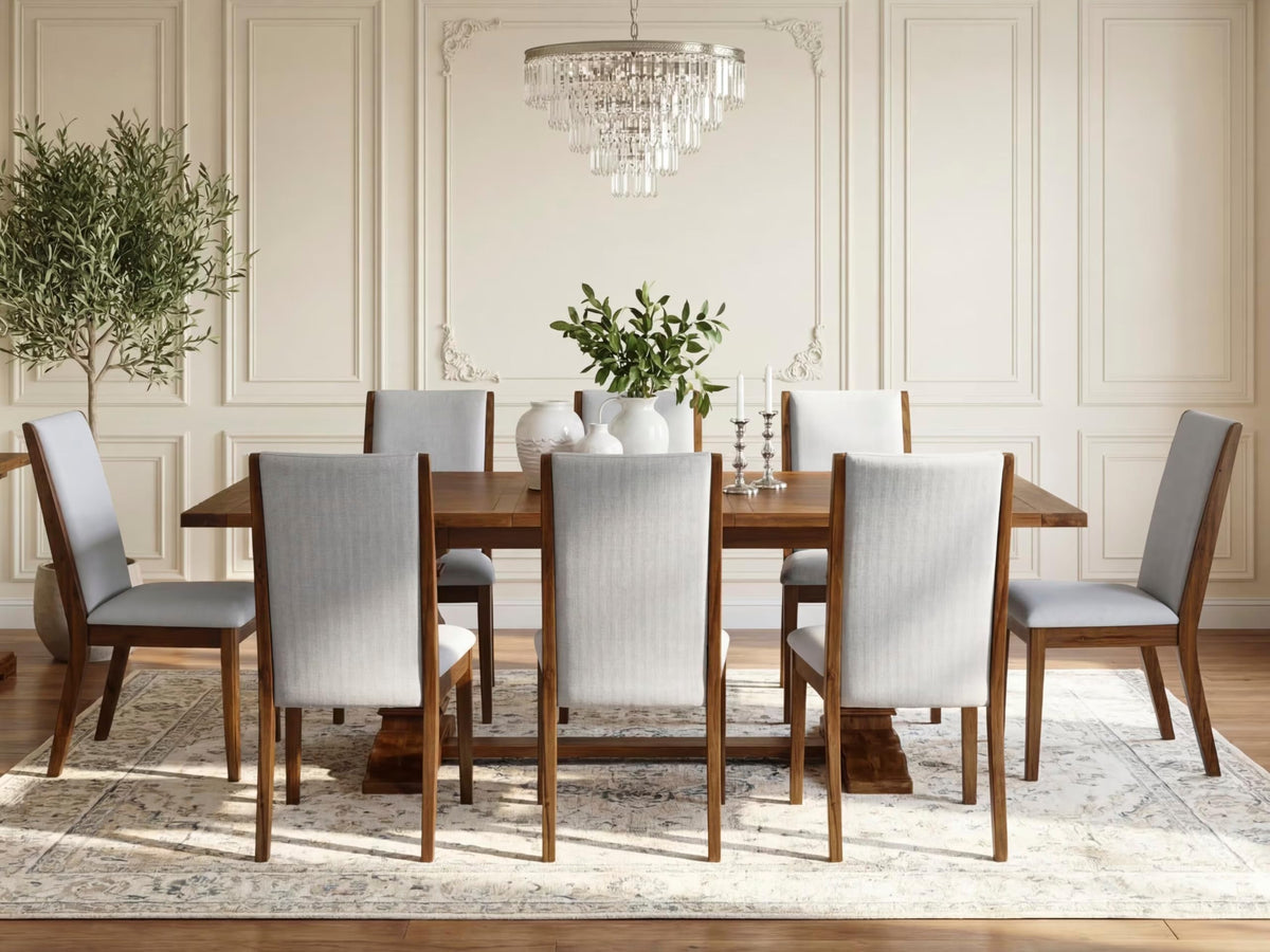 9 Piece Walnut Dining Room Set with 8 Grey Linen Chairs A97131