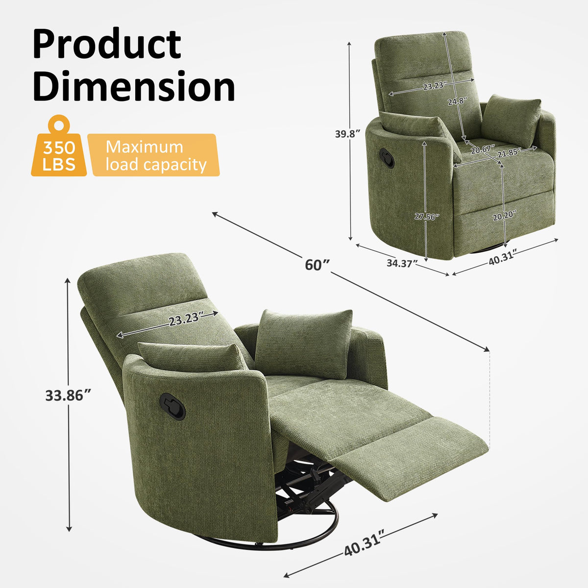 Oversized 360° Swivel Glider Recliner Chair with 2 Pillows and Footrest N132