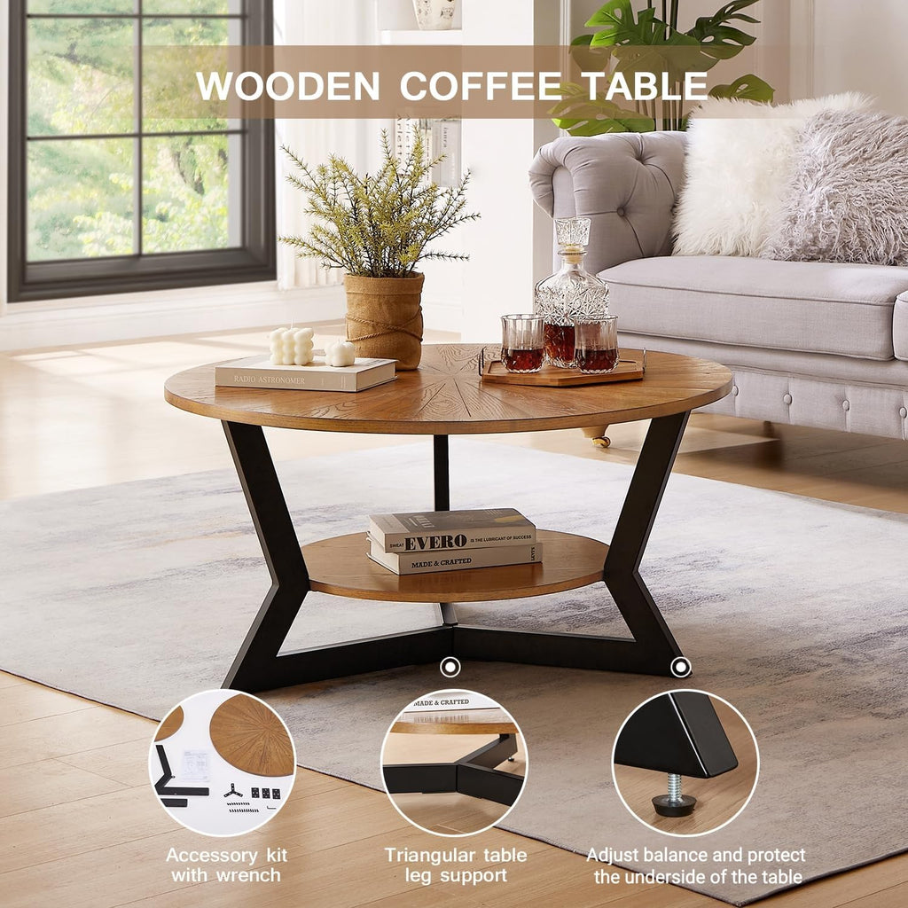Brown 2-Tier Solid Wood Round Coffee Table L468511