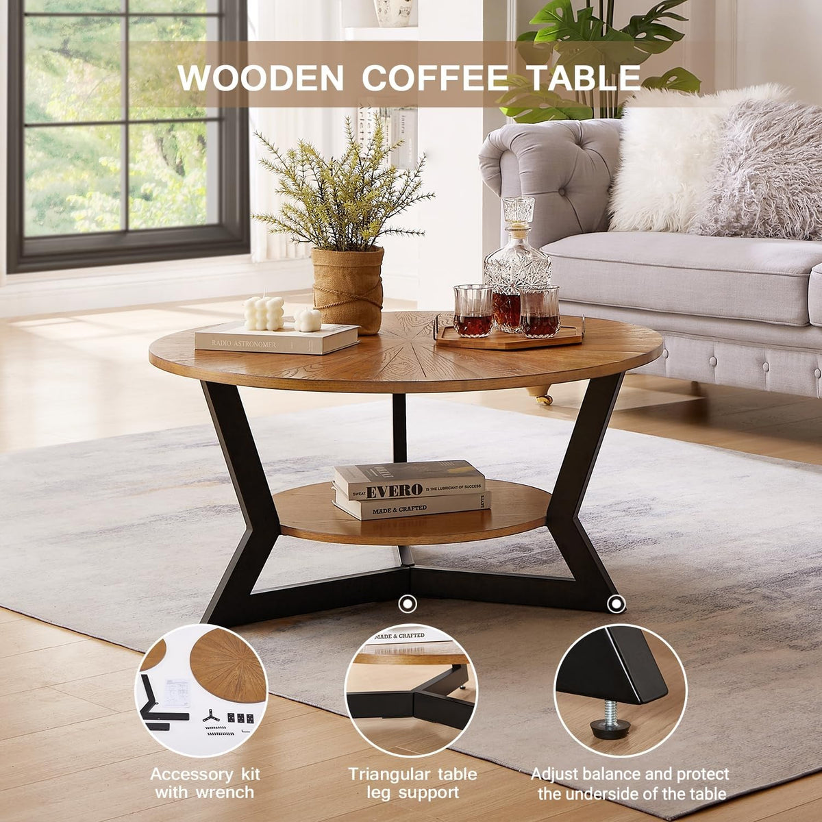 Brown 2-Tier Solid Wood Round Coffee Table L468511
