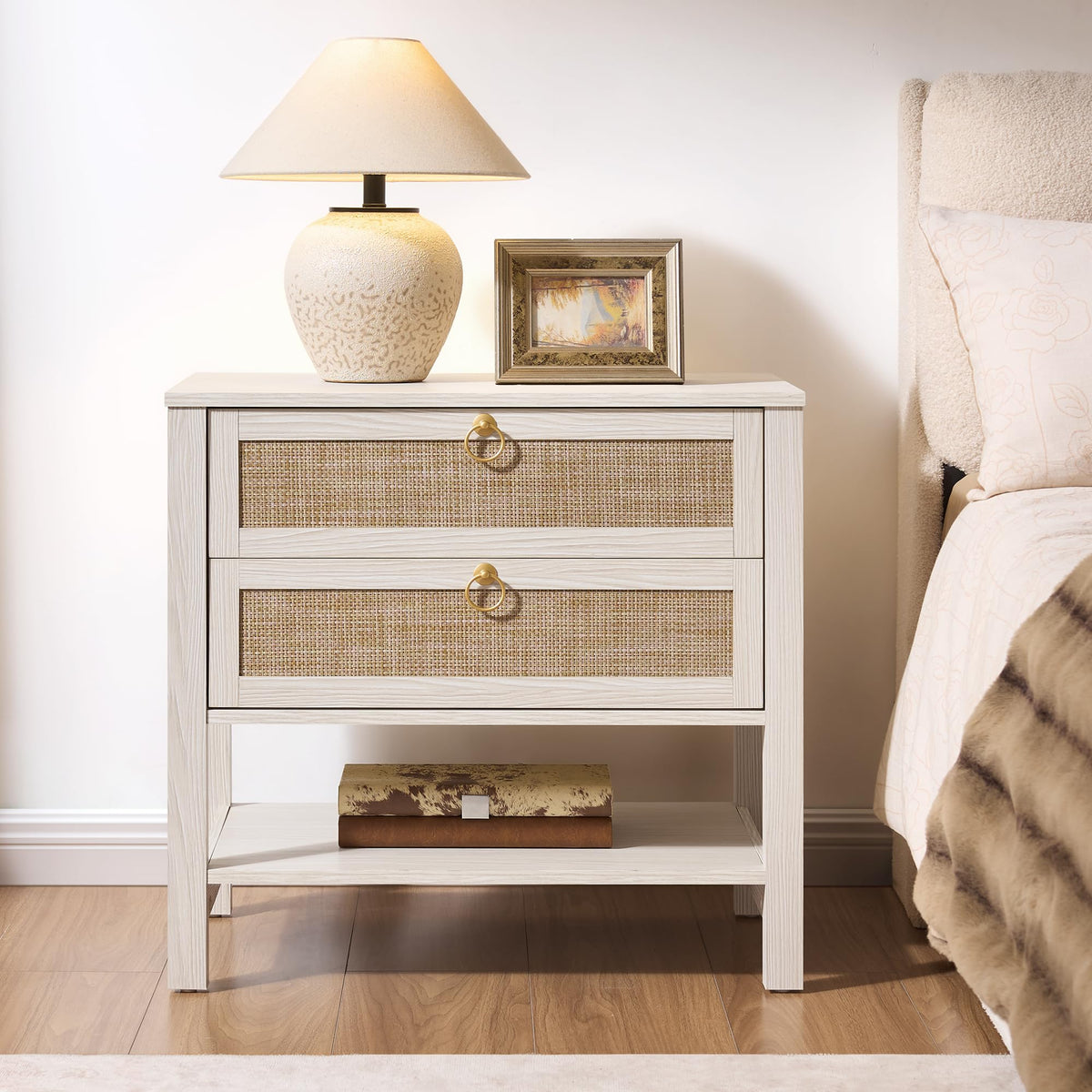 White Rattan Nightstand with 2 Drawers W12881