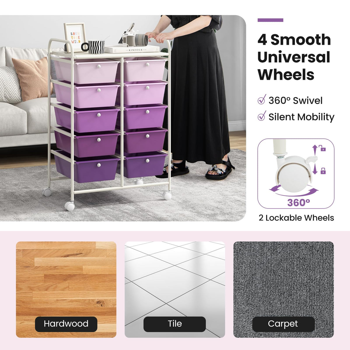 10 Drawer Rolling Storage Cart with Metal Frame C9425