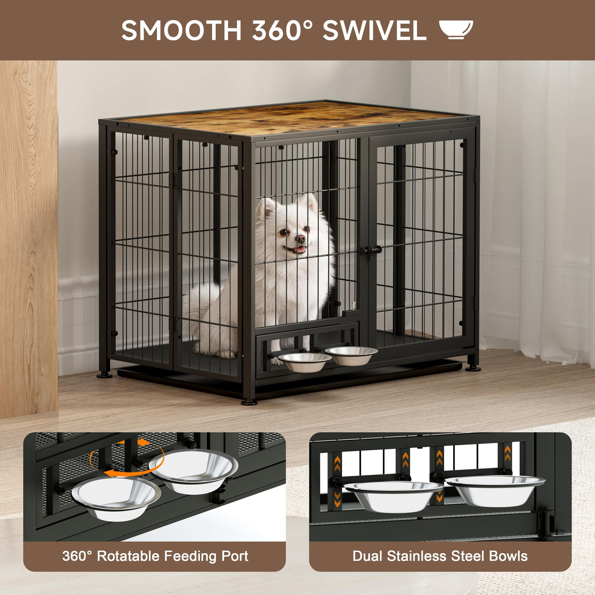 Heavy Duty Foldable Dog Crate with Wheels & Feeding Bowls E994693