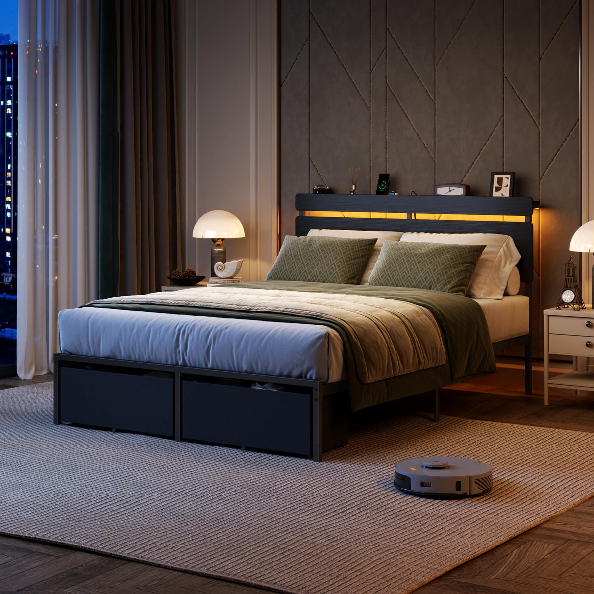 Full Size Bed Frame with Wood Headboard and Storage Drawers W38156