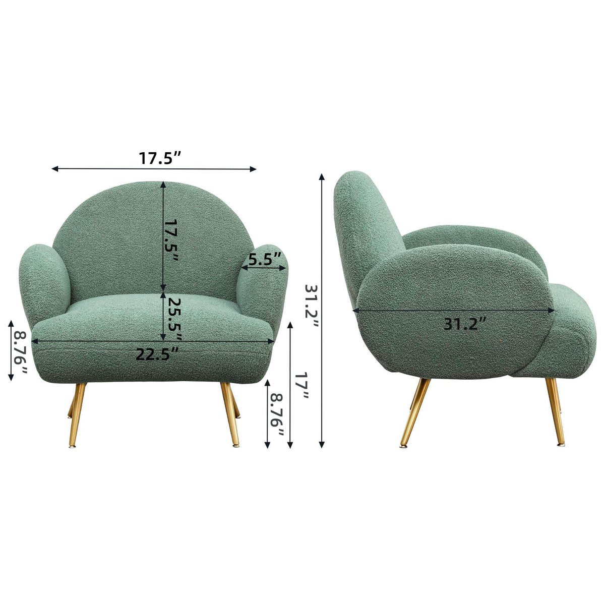 Green Sherpa Accent Chair Set of 2 with Gold Legs W3534
