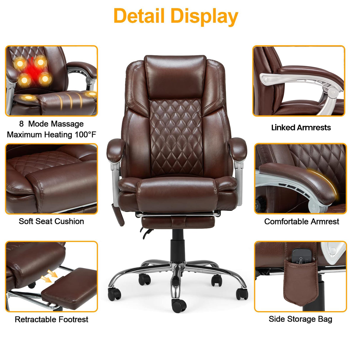 Brown Heated Massage Office Chair with Footrest W2434