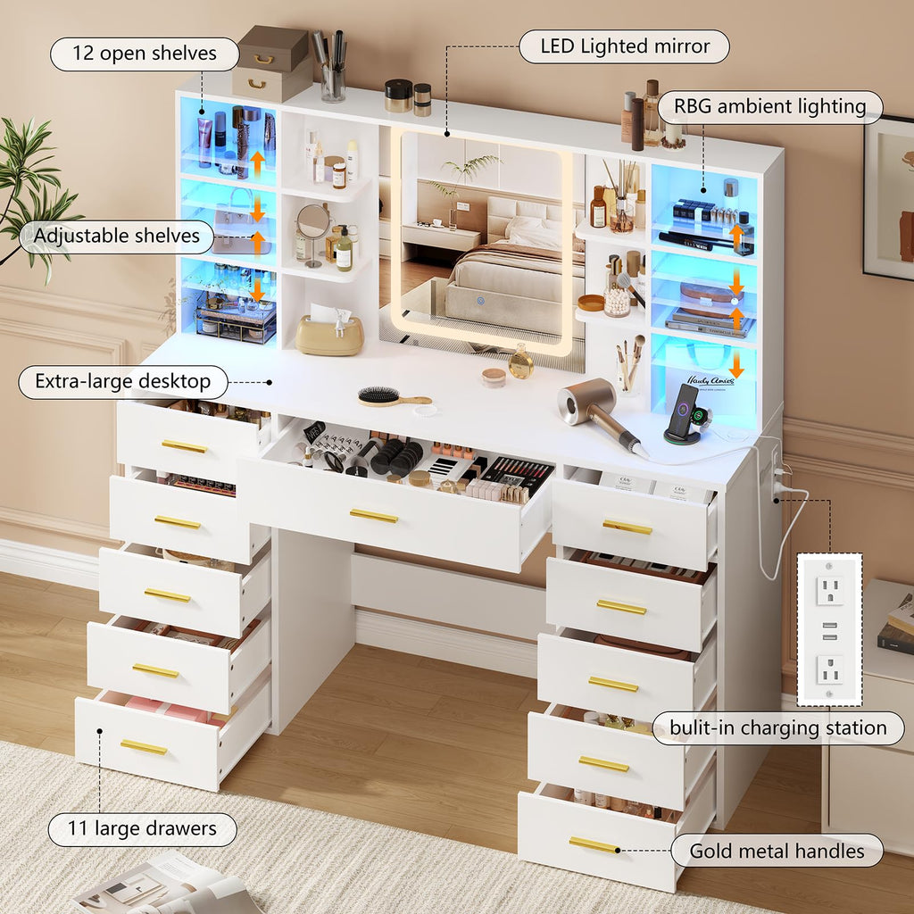 55" Extra-Wide White Makeup Vanity Desk with Lighted Mirror & 11 Drawers H4159