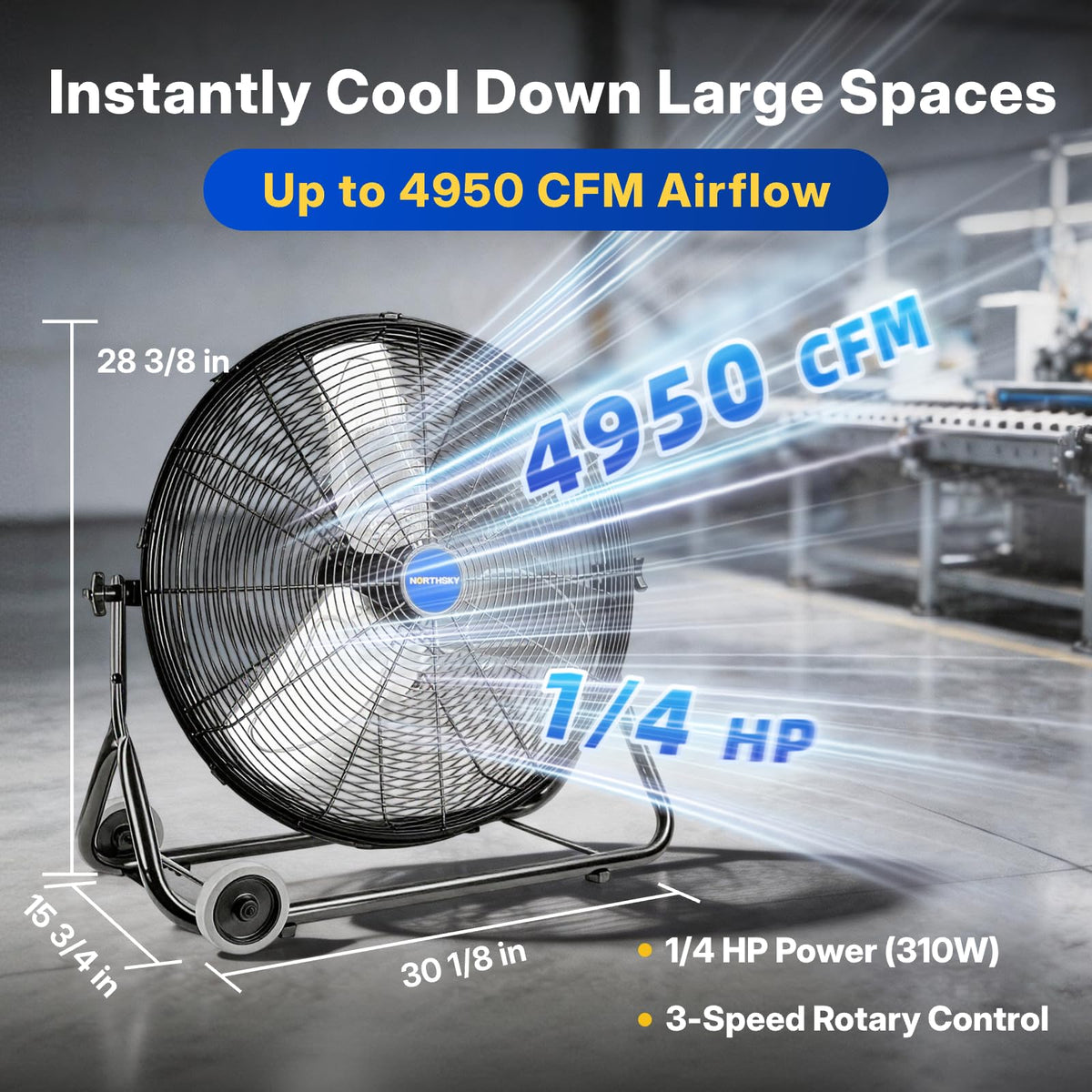 24" High Velocity Industrial Floor Fan, 3-Speed 4950 CFM Metal Fan K46506