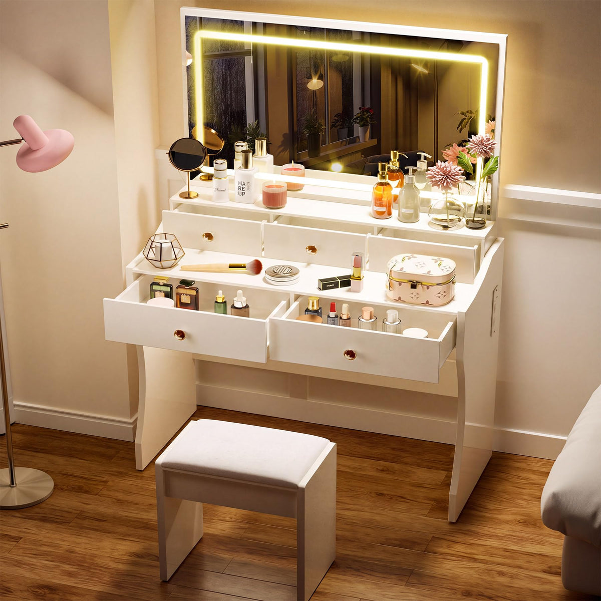 White Vanity Desk with LED Lights Mirror and 5 Drawers S31434