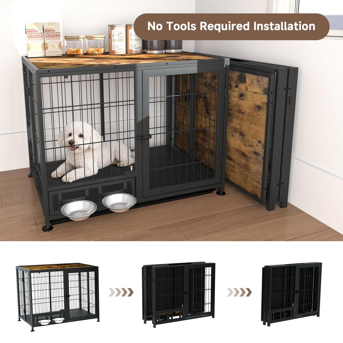 Heavy Duty Foldable Dog Crate with Wheels & Feeding Bowls E994693
