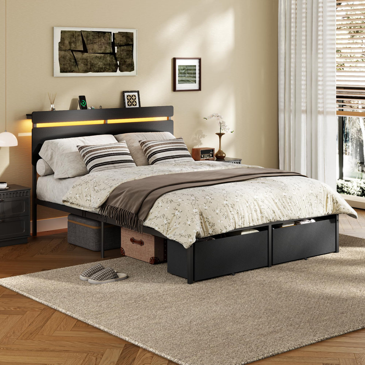 Full Size Bed Frame with Wood Headboard and Storage Drawers W38156