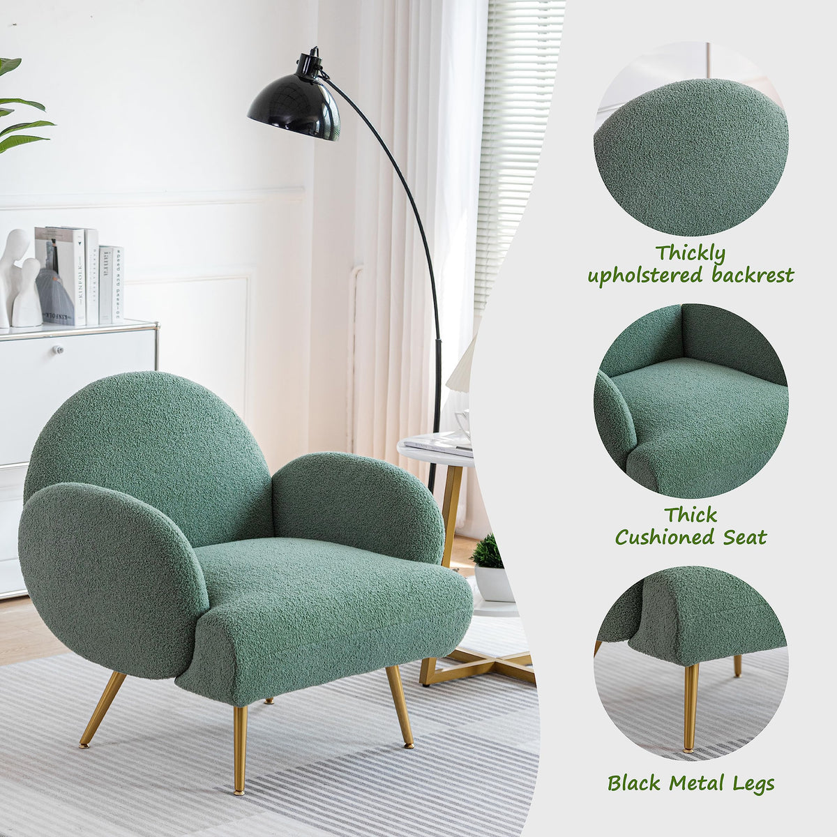 Green Sherpa Accent Chair Set of 2 with Gold Legs W3534