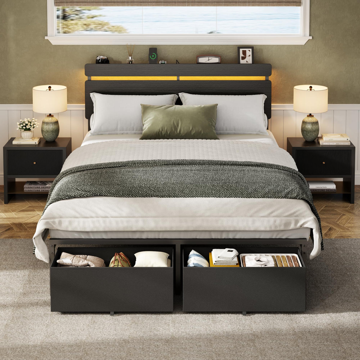 Full Size Bed Frame with Wood Headboard and Storage Drawers W38156