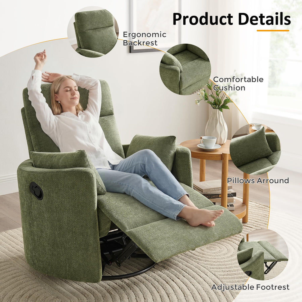 Oversized 360° Swivel Glider Recliner Chair with 2 Pillows and Footrest N132